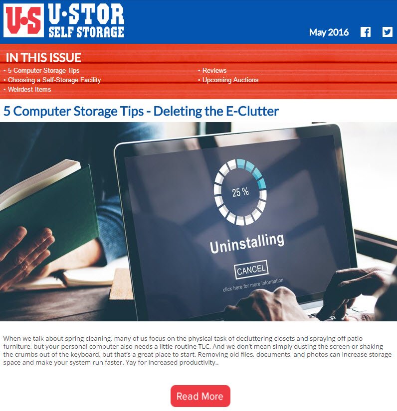 U-Stor May Newsletter - 5 Computer Storage Tips, Choosing a Self-Storage Facility and MORE