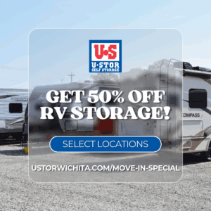 photo of rv storage with the text "50% off rv storage" at ustor wichita