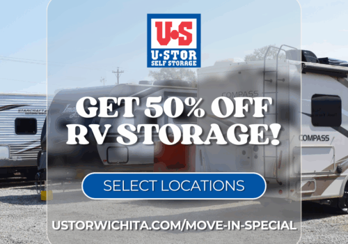 photo of rv storage with the text "50% off rv storage" at ustor wichita