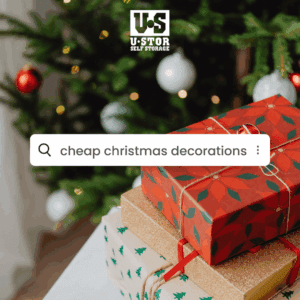 image with "cheap christmas decorations" written in a search bar with moving boxes wrapped under a christmas tree behind it