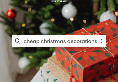 image with "cheap christmas decorations" written in a search bar with moving boxes wrapped under a christmas tree behind it